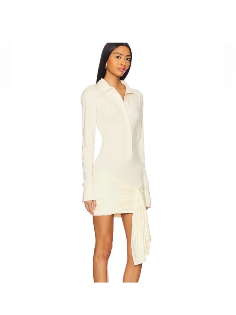 Lioness yellow Long-Sleeve Shirt Dress with Draped Knot Detail